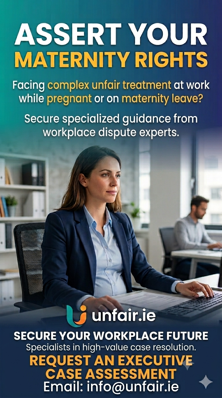 Woman in office using laptop, with text about asserting maternity rights and workplace dispute guidance.